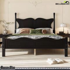 Front view of the black Queen size platform bed with butterfly headboard