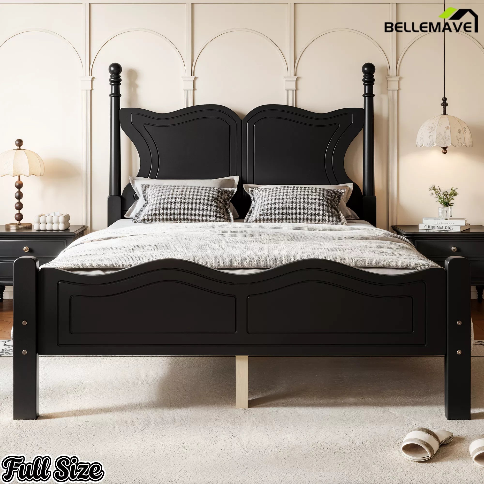 Front view of the black Full size bed frame with curved headboard