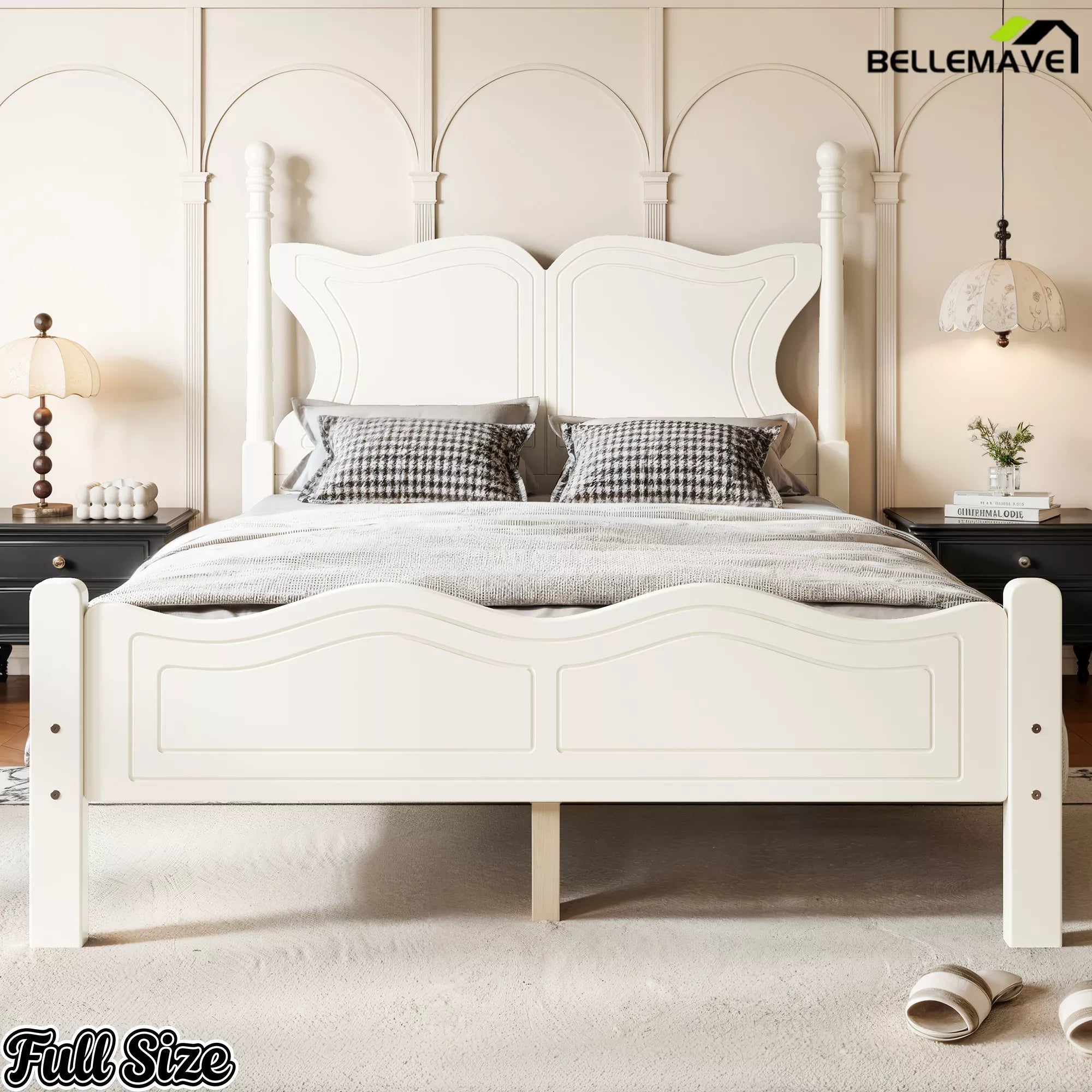 Full size white platform bed with curved butterfly headboard in a bedroom