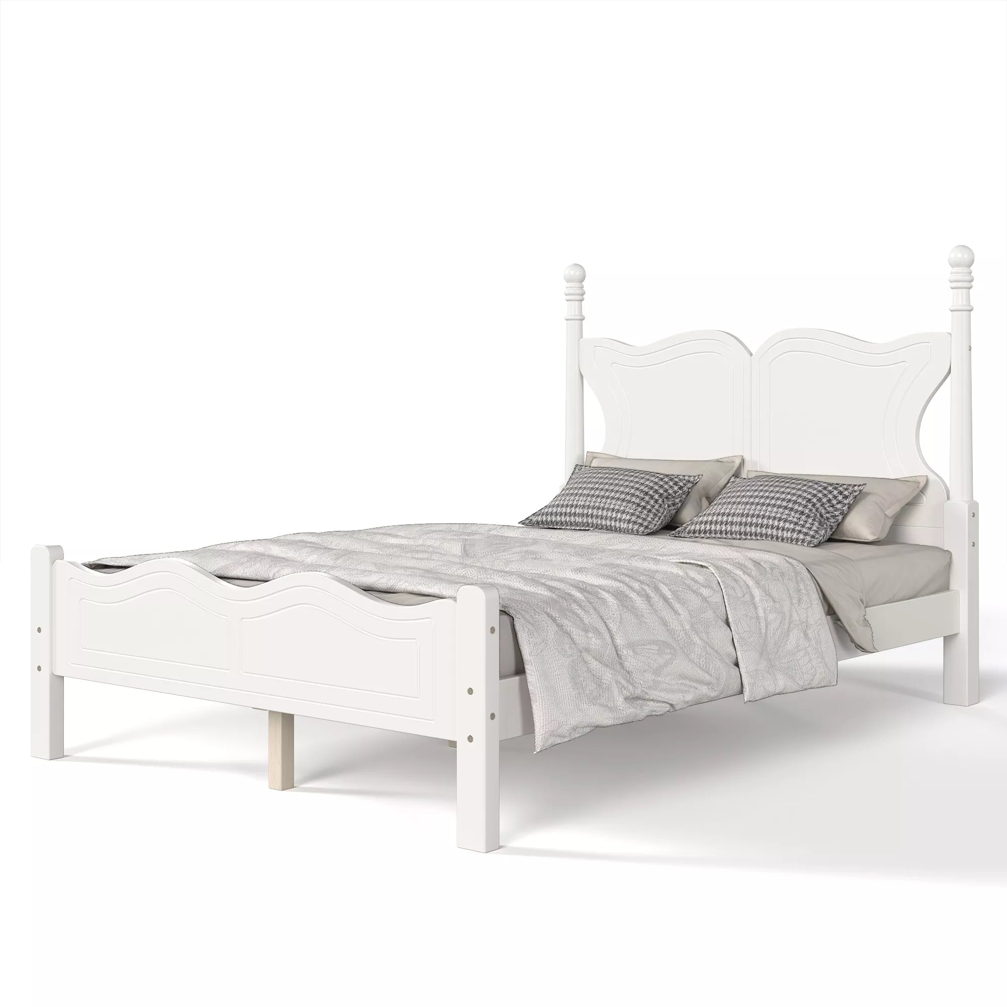 White platform bed with butterfly headboard and matching footboard in a styled bedroom