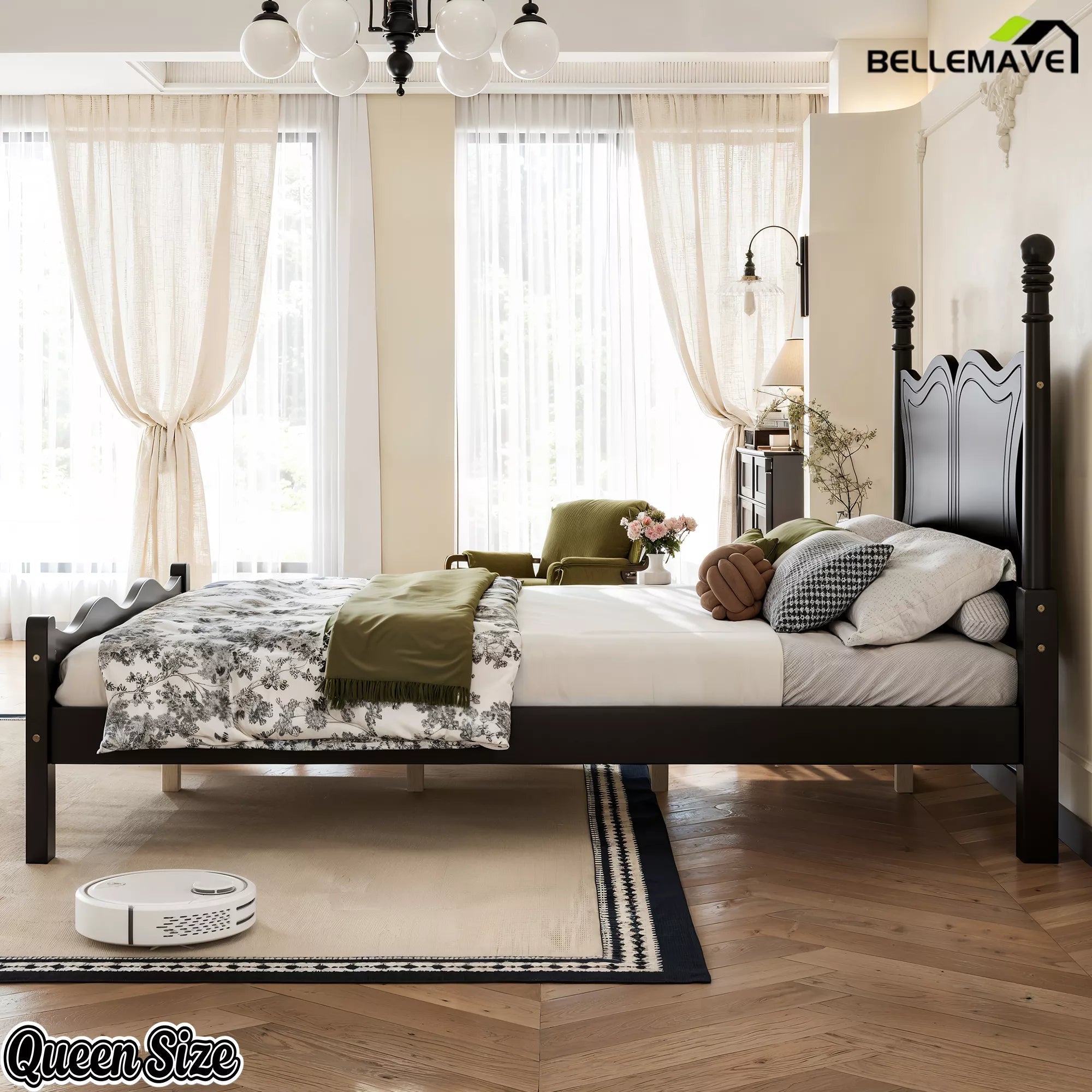 White Queen size butterfly bed frame shown from the side in a bedroom
