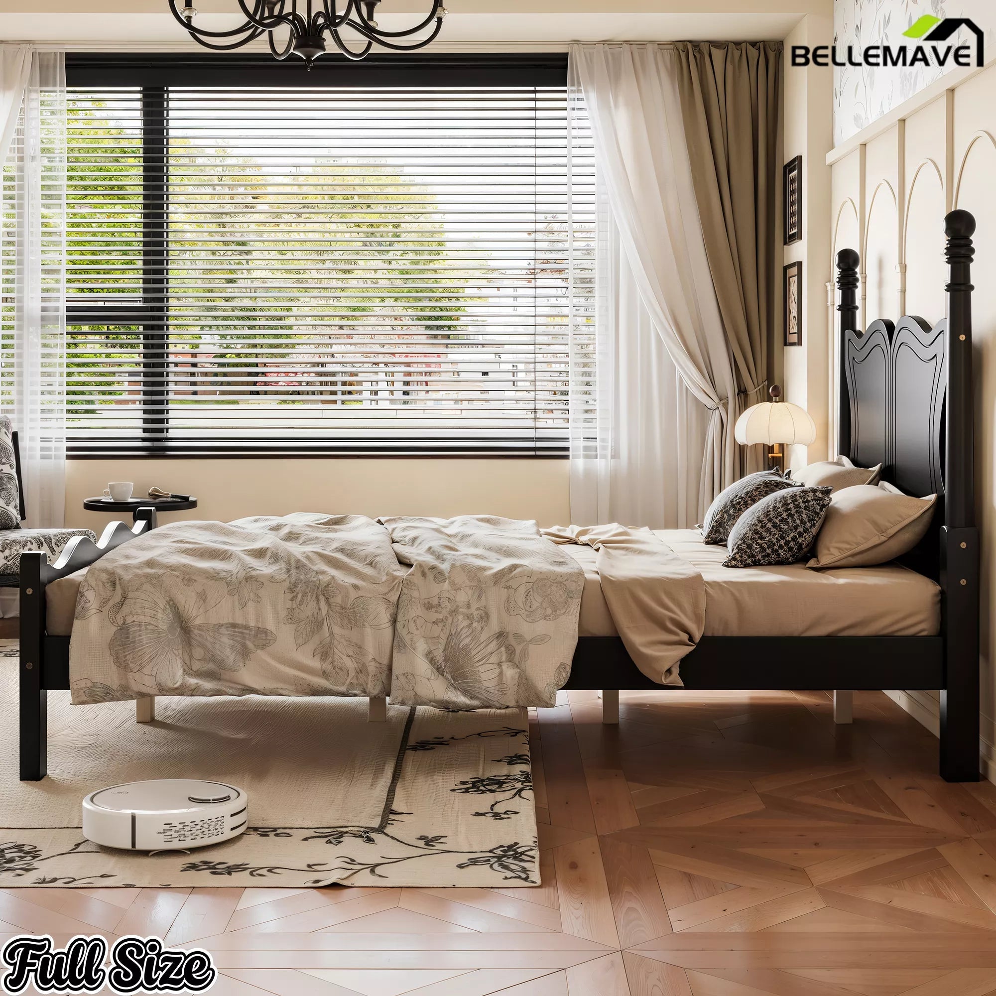 Black Full size butterfly platform bed styled in a bedroom