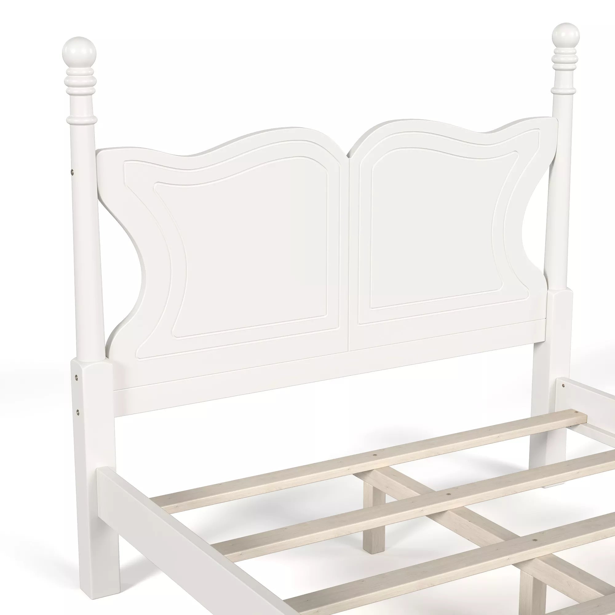 Close-up of the curved butterfly headboard on a white bed frame