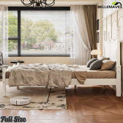 Side view of the Full size white platform bed in a bedroom