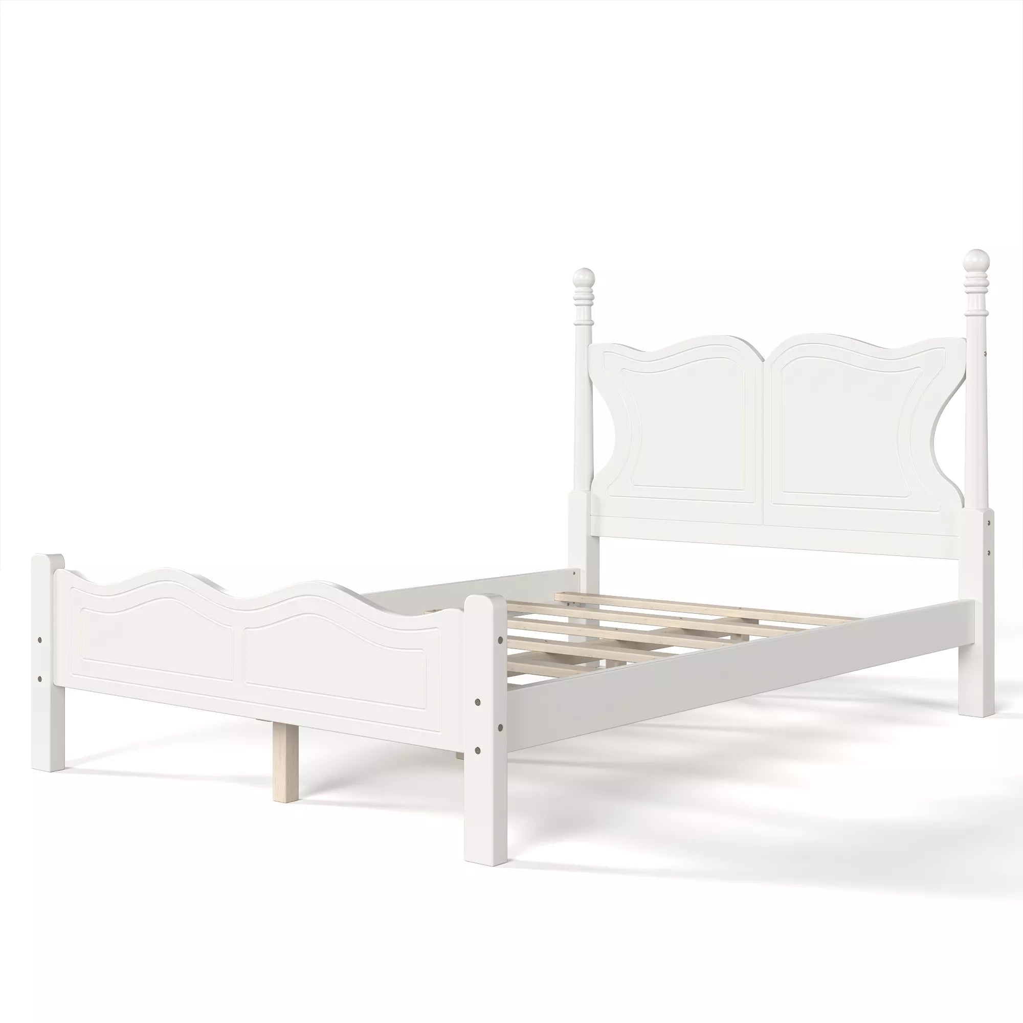 White butterfly platform bed frame with matching headboard and footboard