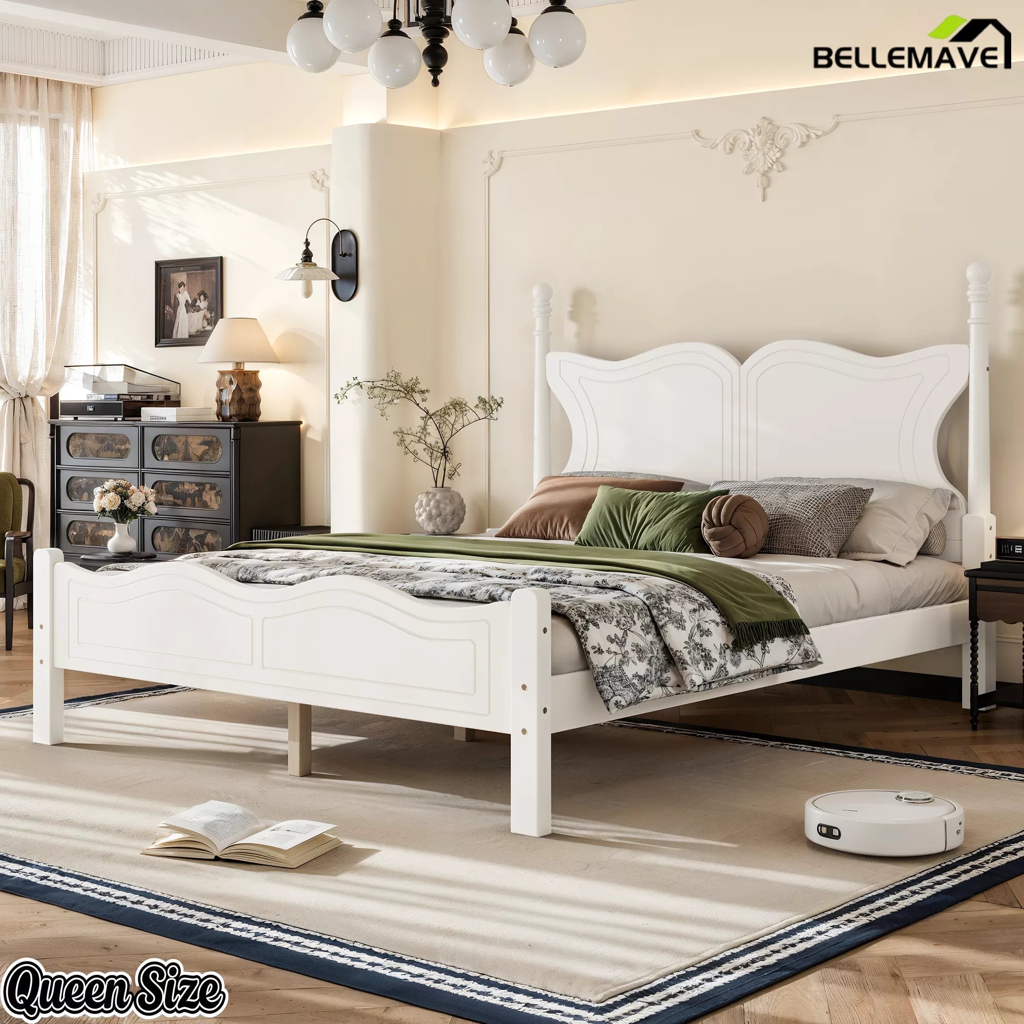 Angled view of the Queen size white butterfly platform bed