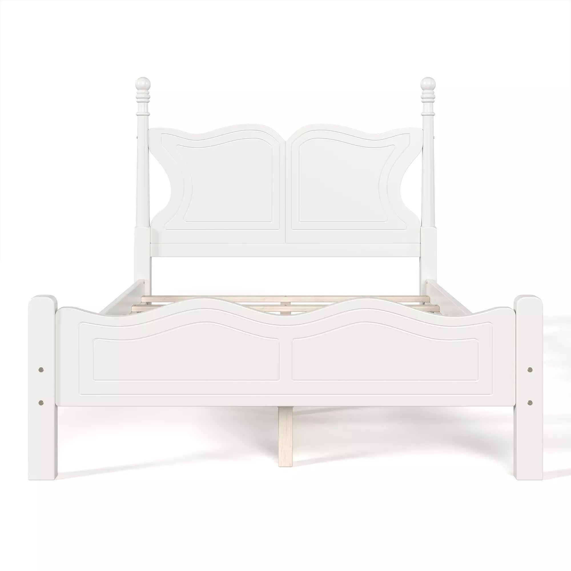 Front view of a white low profile bed frame with butterfly headboard