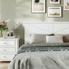 Bellemave® Platform Bed with Chic Design Headboard, Modern Full Bed Frame with Wood Slats Support, Low Profile Design, White - Bellemave