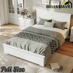 Bellemave® Platform Bed with Chic Design Headboard, Modern Full Bed Frame with Wood Slats Support, Low Profile Design, White - Bellemave