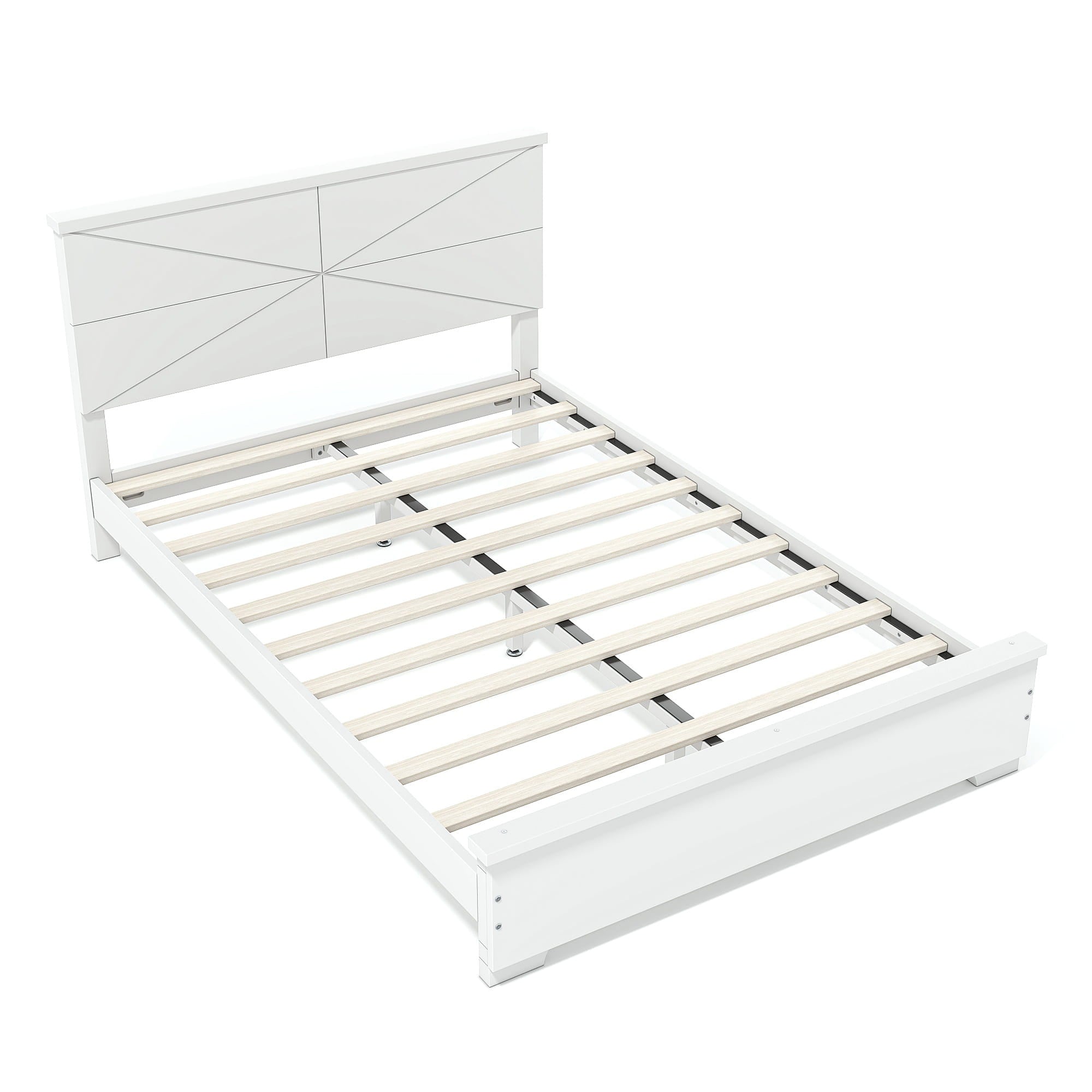 Bellemave® Platform Bed with Chic Design Headboard, Modern Full Bed Frame with Wood Slats Support, Low Profile Design, White - Bellemave