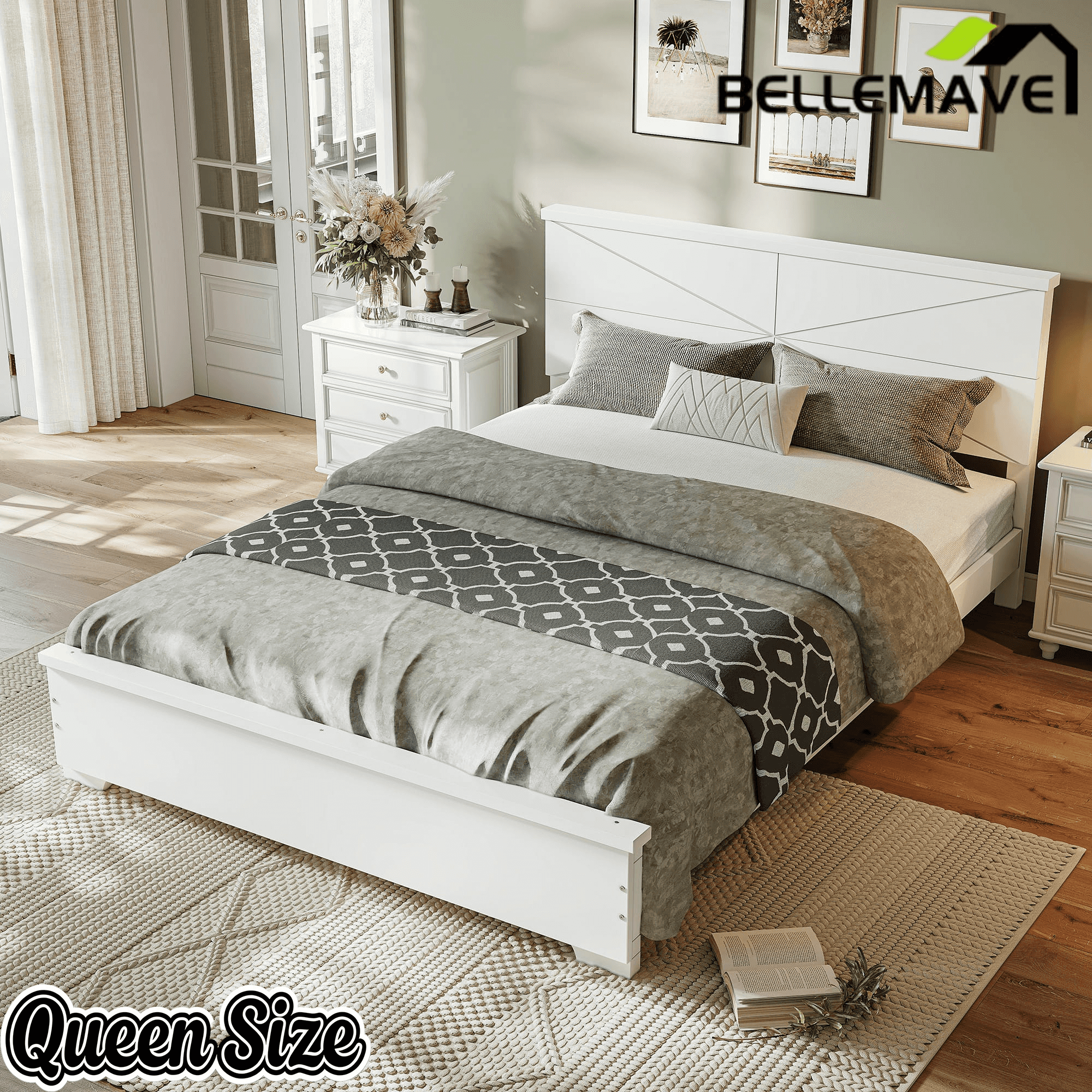 Bellemave® Platform Bed with Chic Design Headboard, Modern Full Bed Frame with Wood Slats Support, Low Profile Design, White - Bellemave
