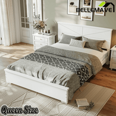 Bellemave® Platform Bed with Chic Design Headboard, Modern Full Bed Frame with Wood Slats Support, Low Profile Design, White - Bellemave