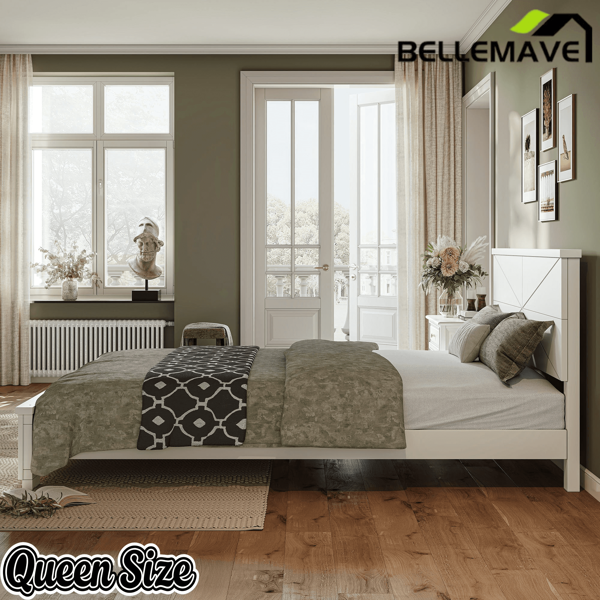 Bellemave® Platform Bed with Chic Design Headboard, Modern Full Bed Frame with Wood Slats Support, Low Profile Design, White - Bellemave