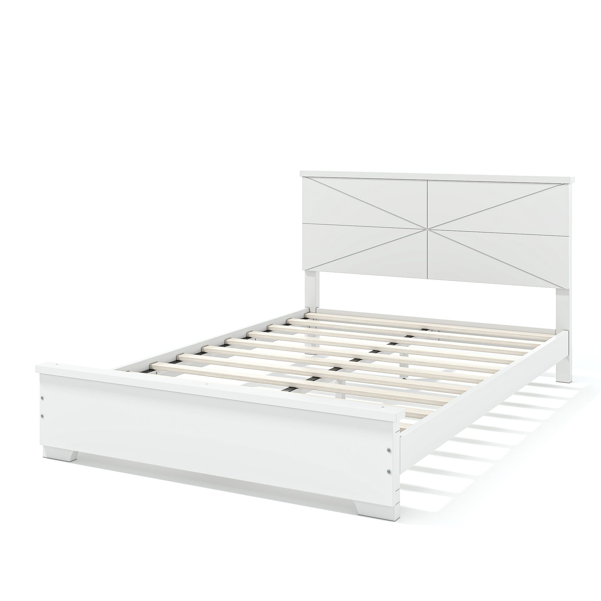 Bellemave® Platform Bed with Chic Design Headboard, Modern Full Bed Frame with Wood Slats Support, Low Profile Design, White - Bellemave