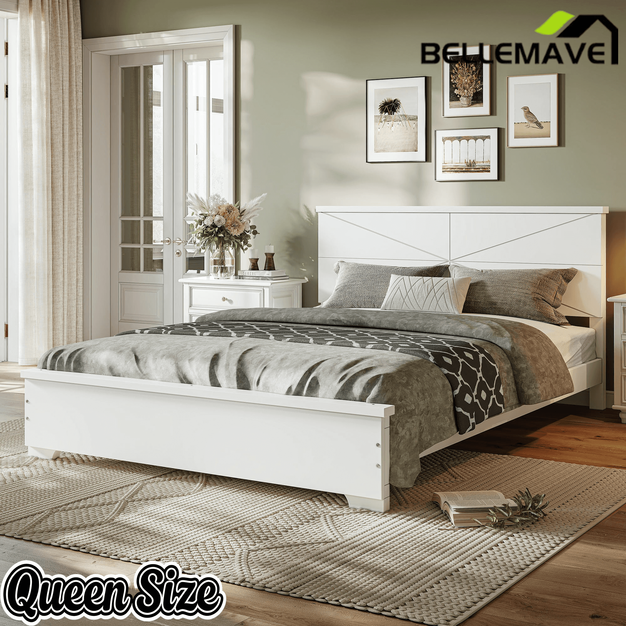 Bellemave® Platform Bed with Chic Design Headboard, Modern Full Bed Frame with Wood Slats Support, Low Profile Design, White - Bellemave