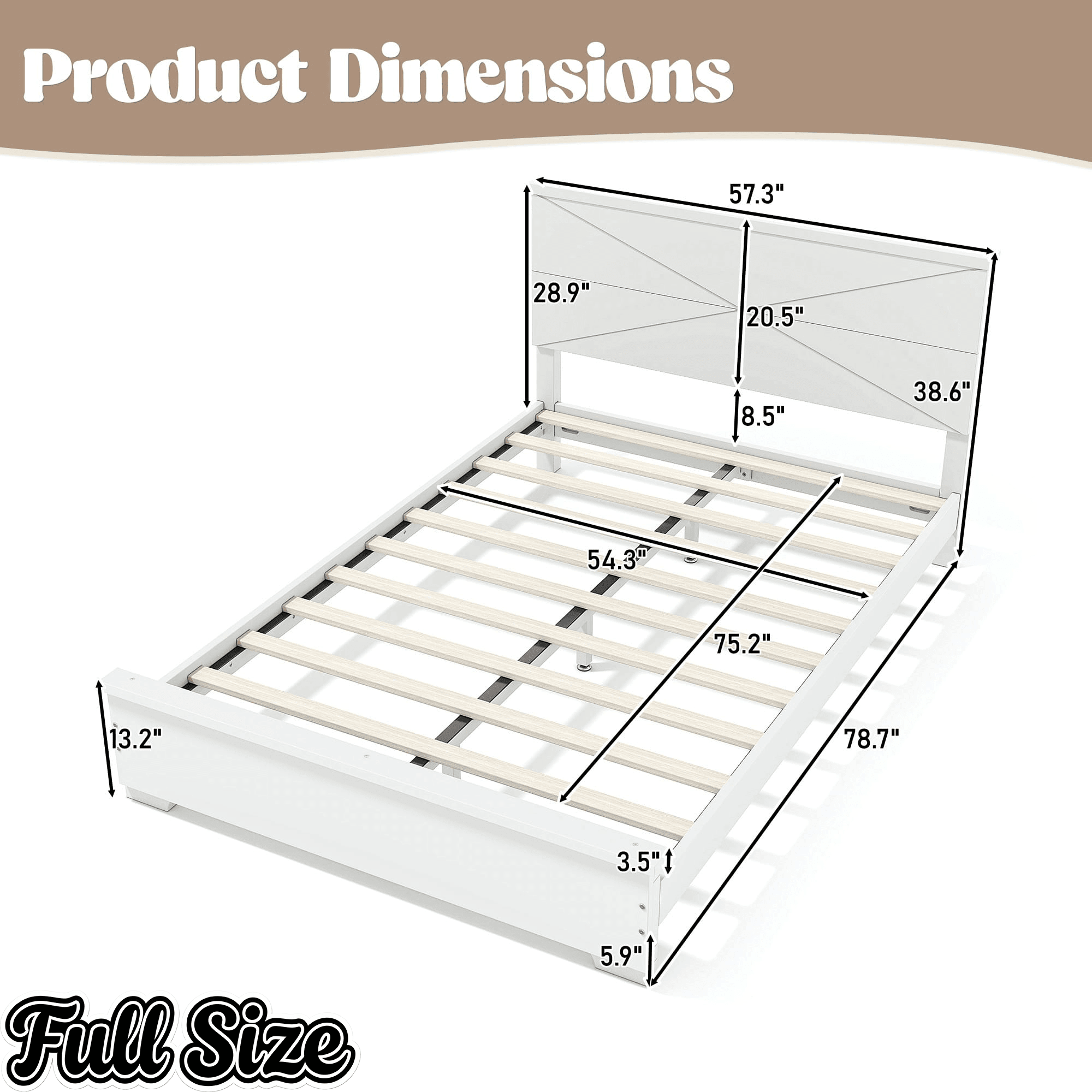 Bellemave® Platform Bed with Chic Design Headboard, Modern Full Bed Frame with Wood Slats Support, Low Profile Design, White - Bellemave