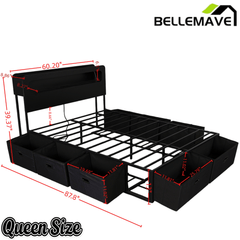 Bellemave® Platform Bed with Headboard, 8 Storage Drawers & Shelf, Built - in Charging Station & LED Lights, No Box Spring Needed - Bellemave