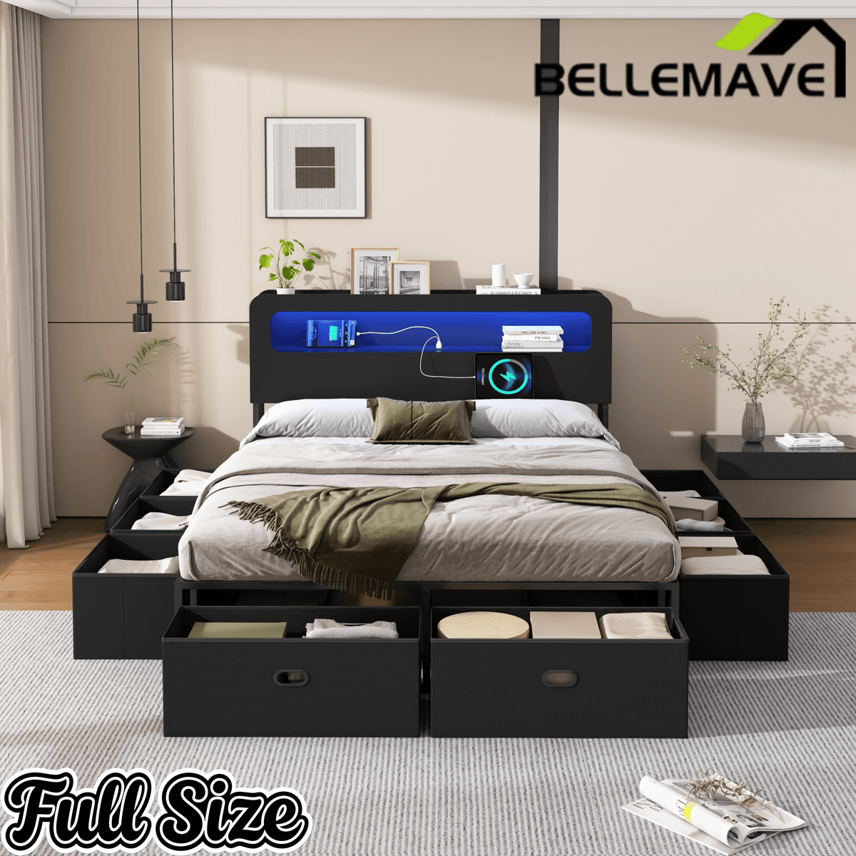 Bellemave® Platform Bed with Headboard, 8 Storage Drawers & Shelf, Built - in Charging Station & LED Lights, No Box Spring Needed - Bellemave