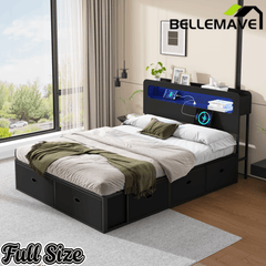 Bellemave® Platform Bed with Headboard, 8 Storage Drawers & Shelf, Built - in Charging Station & LED Lights, No Box Spring Needed - Bellemave