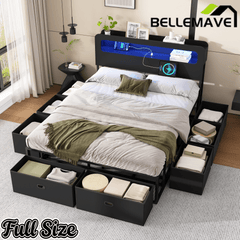 Bellemave® Platform Bed with Headboard, 8 Storage Drawers & Shelf, Built - in Charging Station & LED Lights, No Box Spring Needed - Bellemave