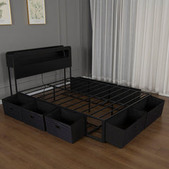 Bellemave® Platform Bed with Headboard, 8 Storage Drawers & Shelf, Built - in Charging Station & LED Lights, No Box Spring Needed - Bellemave