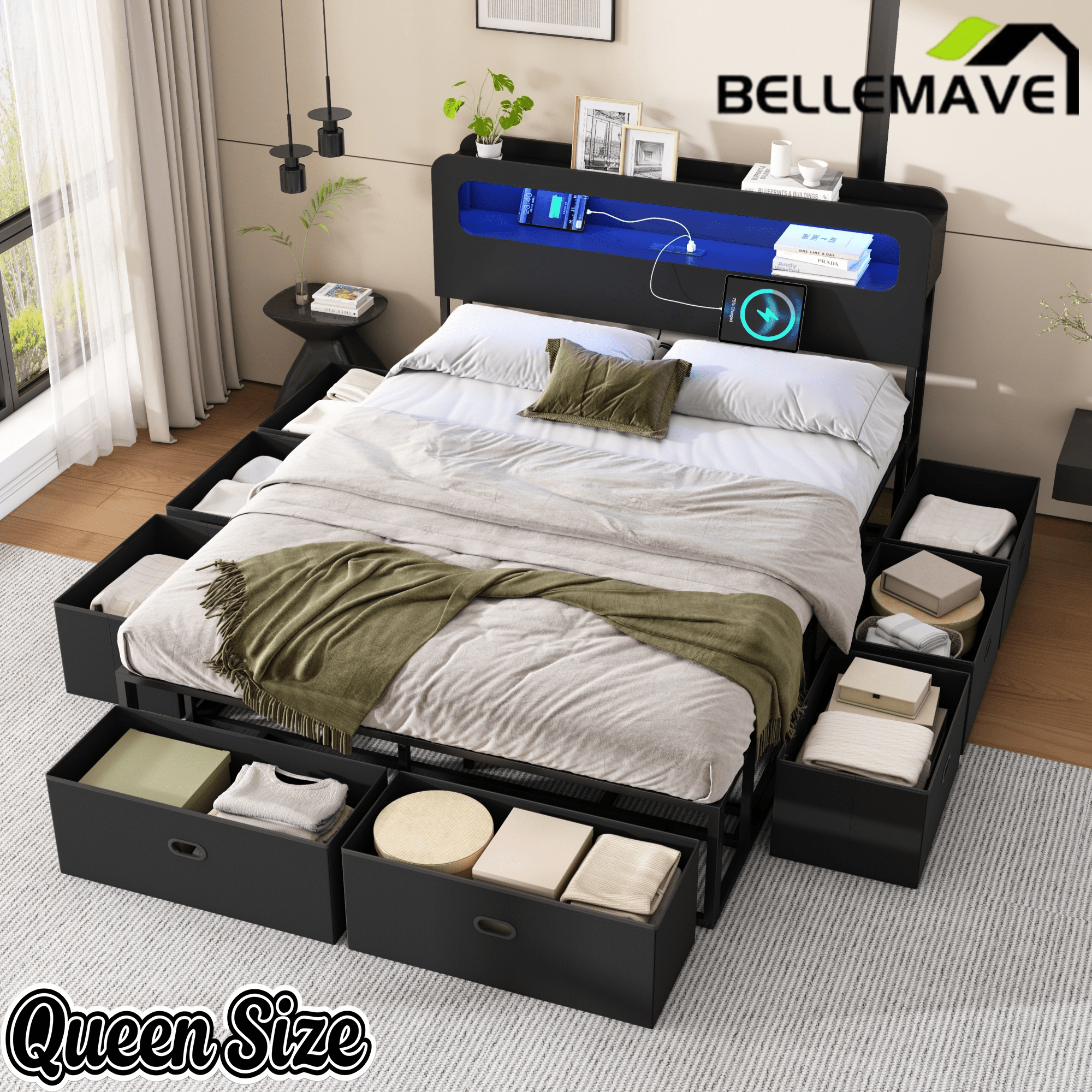 Bellemave® Platform Bed with Headboard, 8 Storage Drawers & Shelf, Built - in Charging Station & LED Lights, No Box Spring Needed - Bellemave
