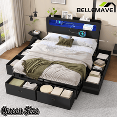 Bellemave® Platform Bed with Headboard, 8 Storage Drawers & Shelf, Built - in Charging Station & LED Lights, No Box Spring Needed - Bellemave