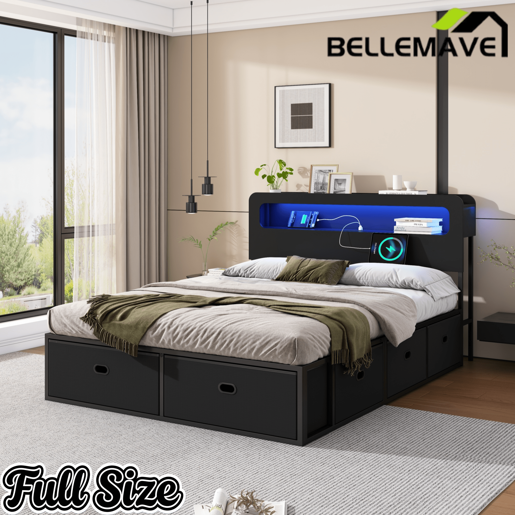 Bellemave® Platform Bed with Headboard, 8 Storage Drawers & Shelf, Built - in Charging Station & LED Lights, No Box Spring Needed - Bellemave