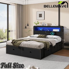 Bellemave® Platform Bed with Headboard, 8 Storage Drawers & Shelf, Built - in Charging Station & LED Lights, No Box Spring Needed - Bellemave