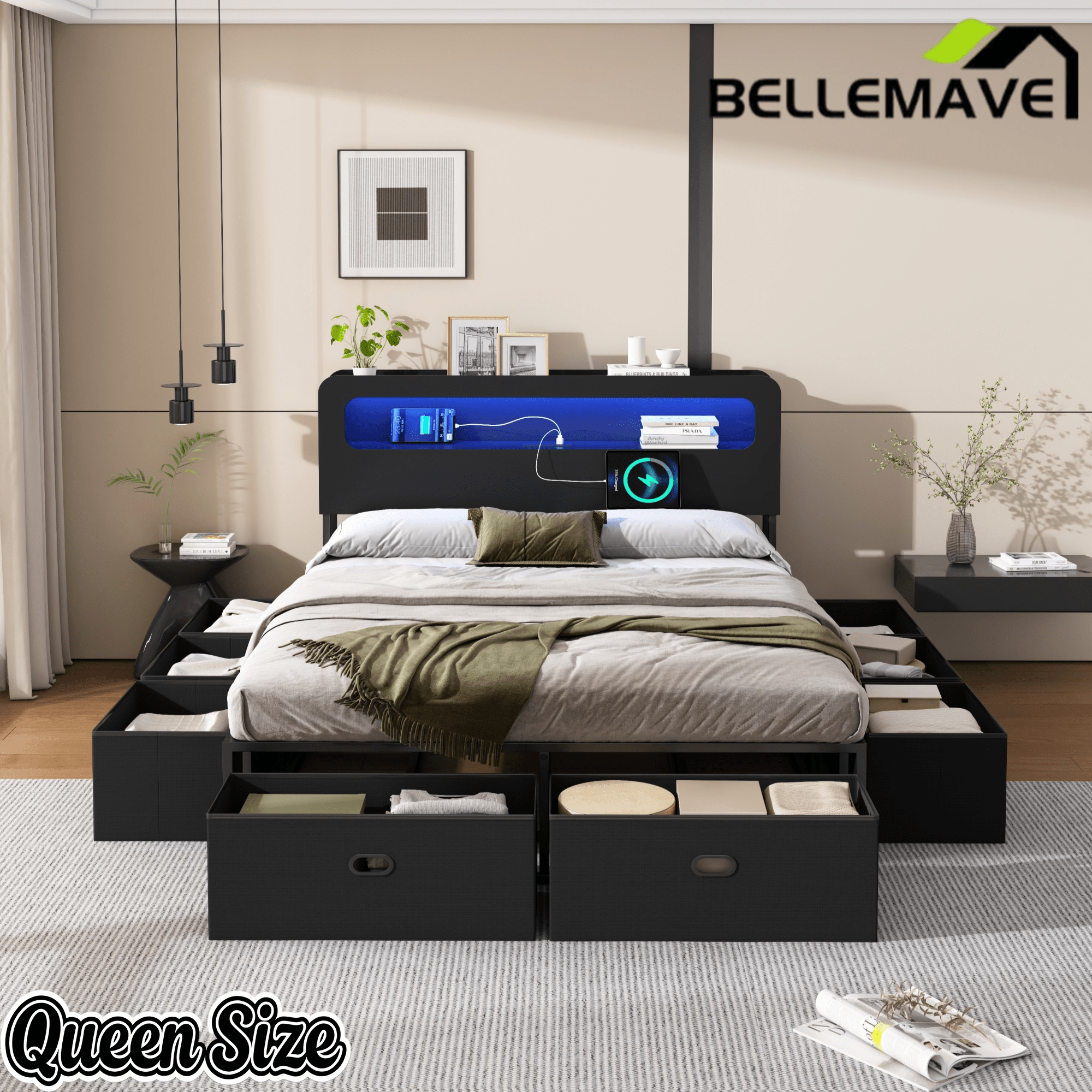 Bellemave® Platform Bed with Headboard, 8 Storage Drawers & Shelf, Built - in Charging Station & LED Lights, No Box Spring Needed - Bellemave