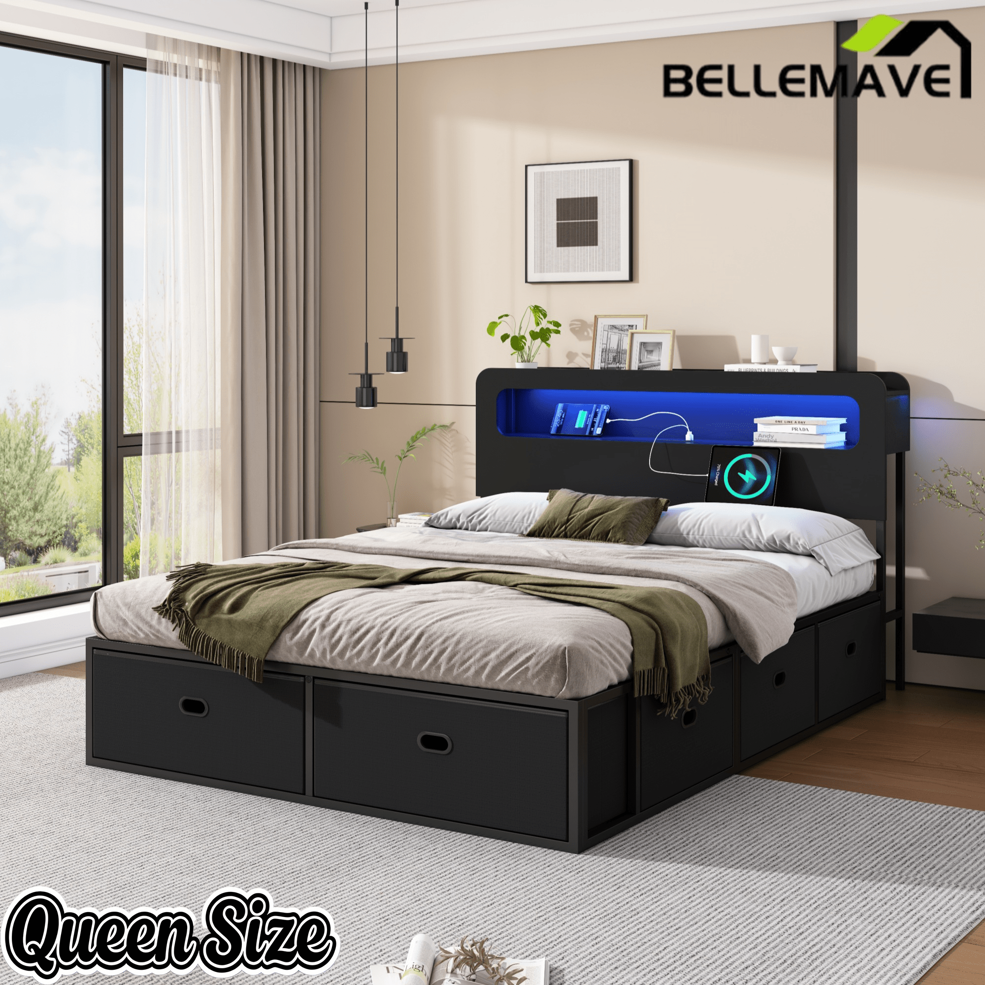 Bellemave® Platform Bed with Headboard, 8 Storage Drawers & Shelf, Built - in Charging Station & LED Lights, No Box Spring Needed - Bellemave