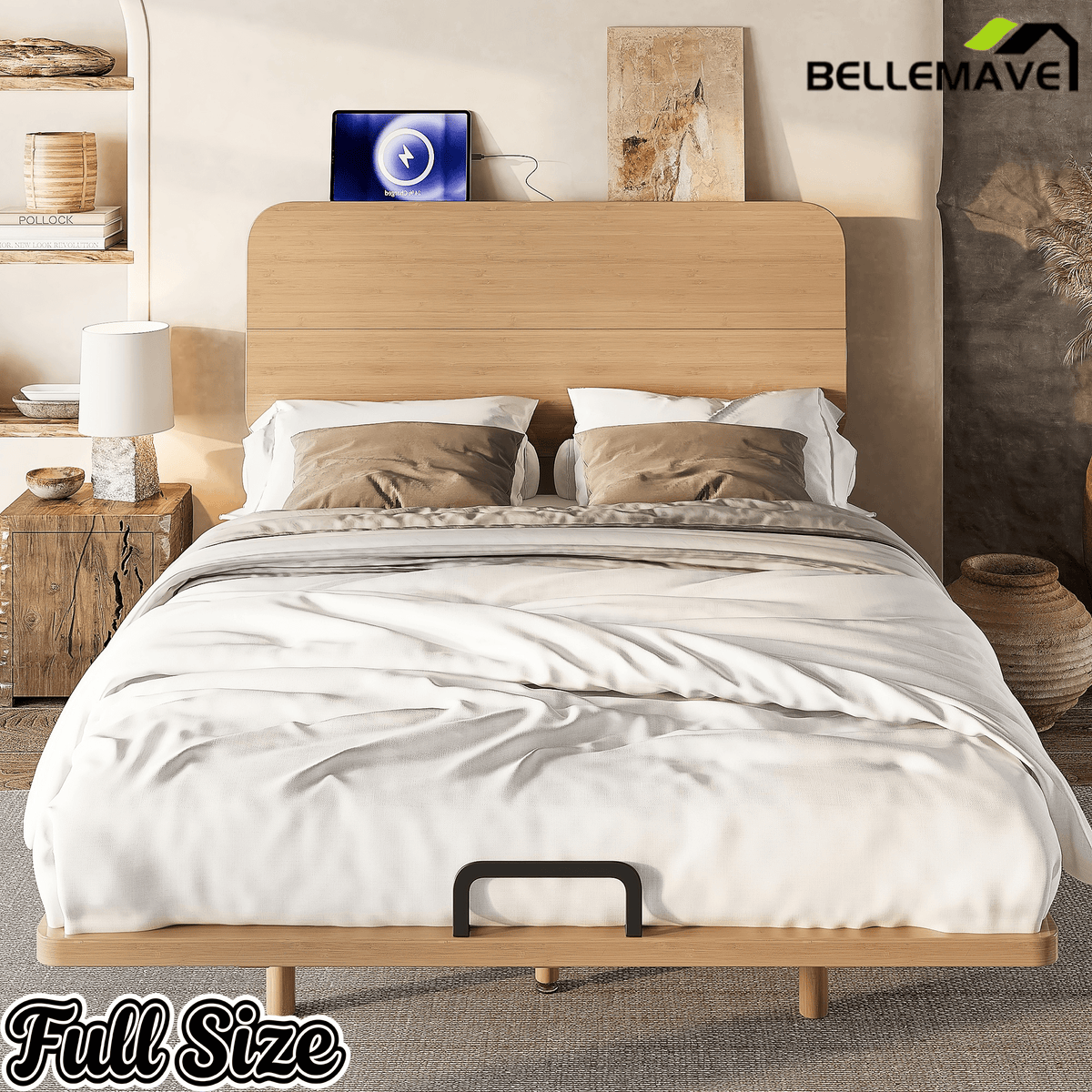 Bellemave® Platform Bed with Headboard & Charging Station, Bamboo Mid - Century Bed Frame - Bellemave