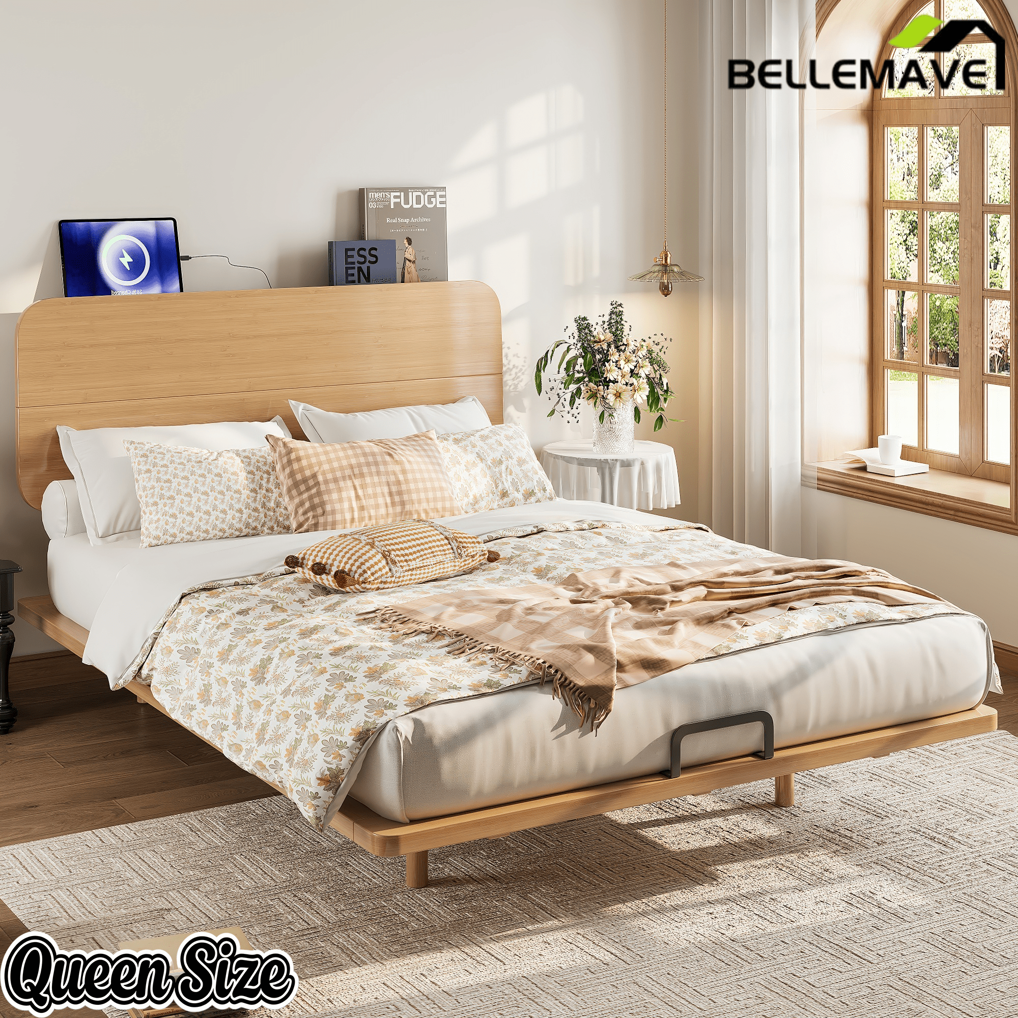 Bellemave® Platform Bed with Headboard & Charging Station, Bamboo Mid - Century Bed Frame - Bellemave
