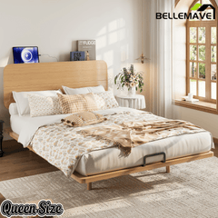 Bellemave® Platform Bed with Headboard & Charging Station, Bamboo Mid - Century Bed Frame - Bellemave