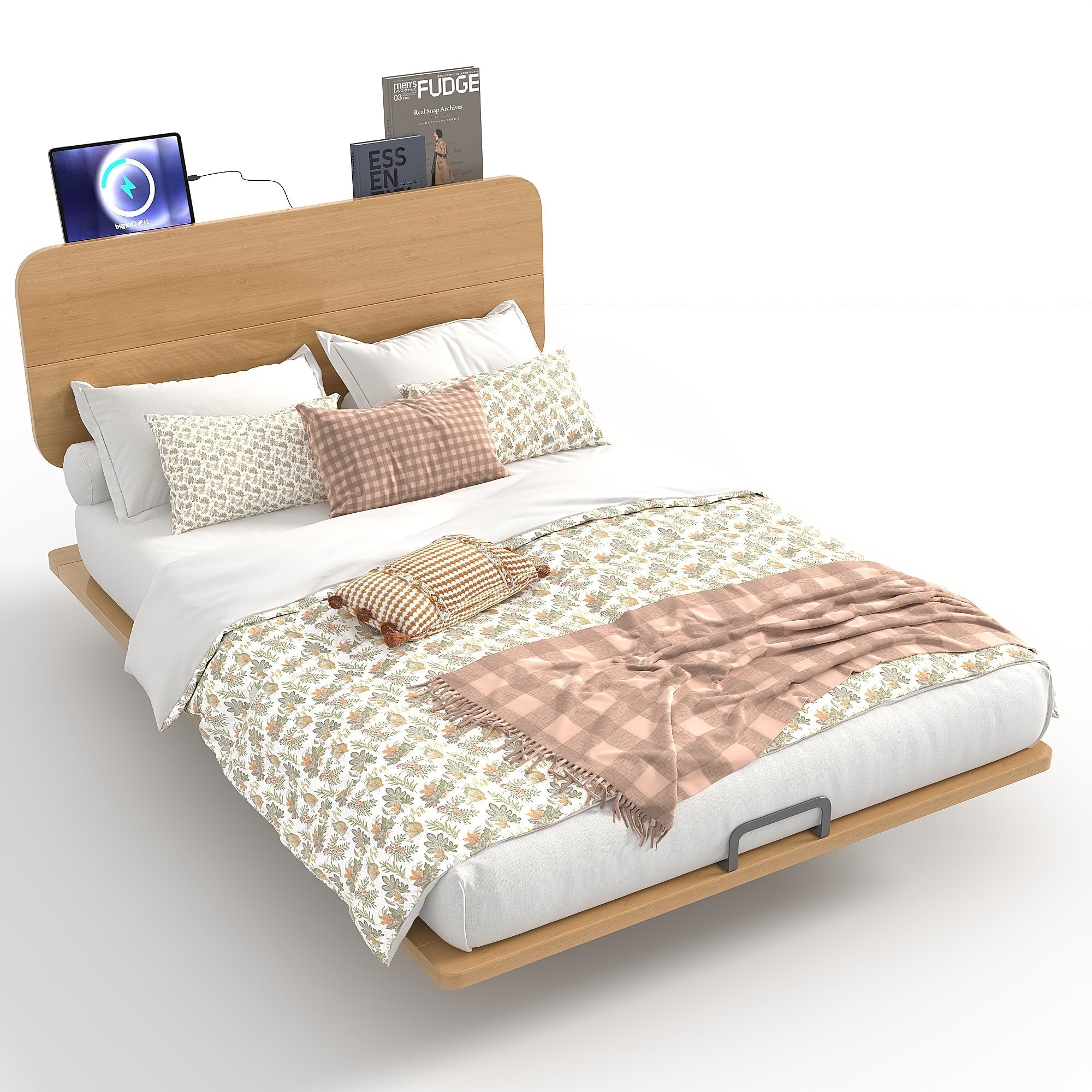 Bellemave® Platform Bed with Headboard & Charging Station, Bamboo Mid - Century Bed Frame - Bellemave