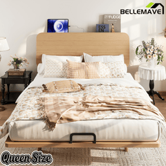 Bellemave® Platform Bed with Headboard & Charging Station, Bamboo Mid - Century Bed Frame - Bellemave