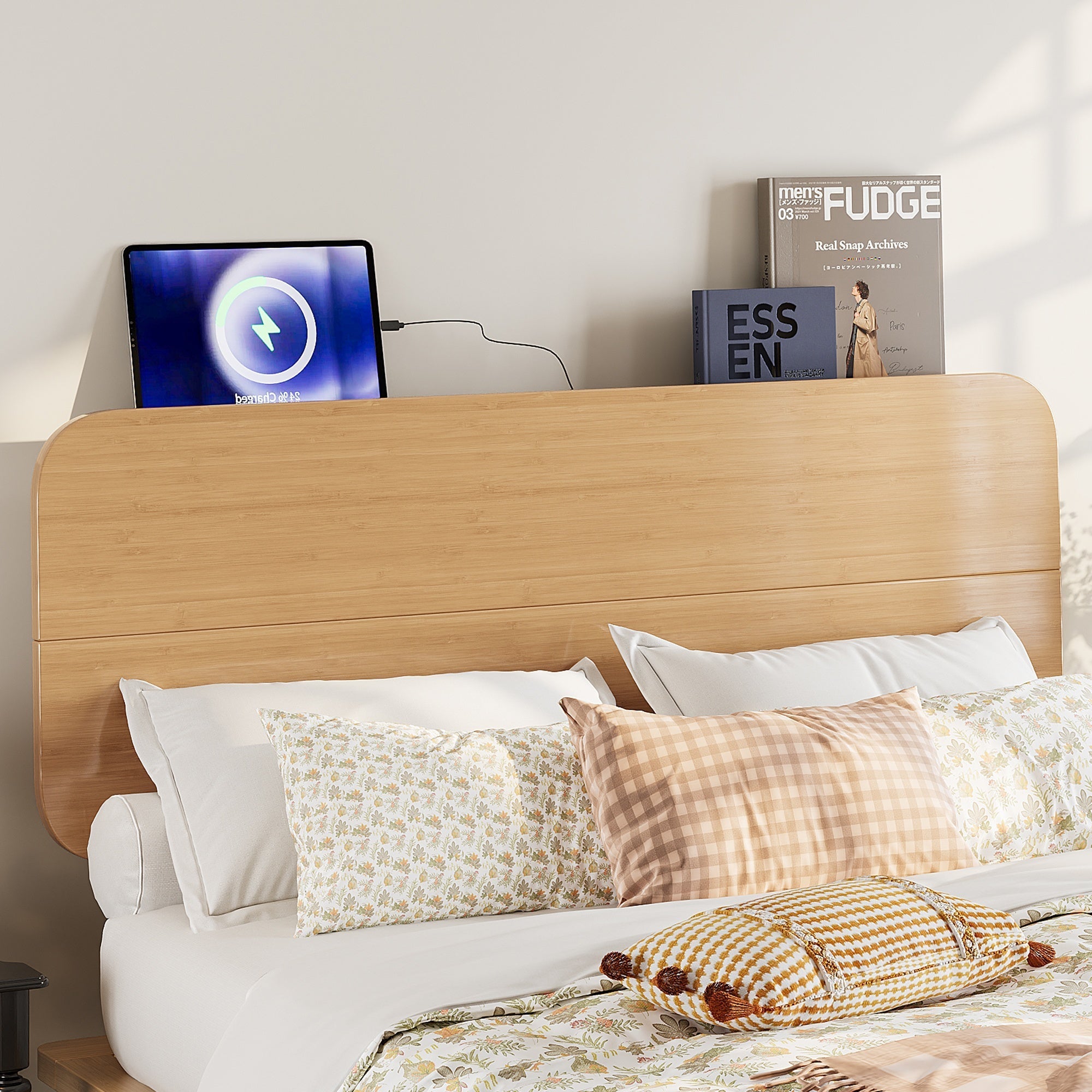 Bellemave® Platform Bed with Headboard & Charging Station, Bamboo Mid - Century Bed Frame - Bellemave