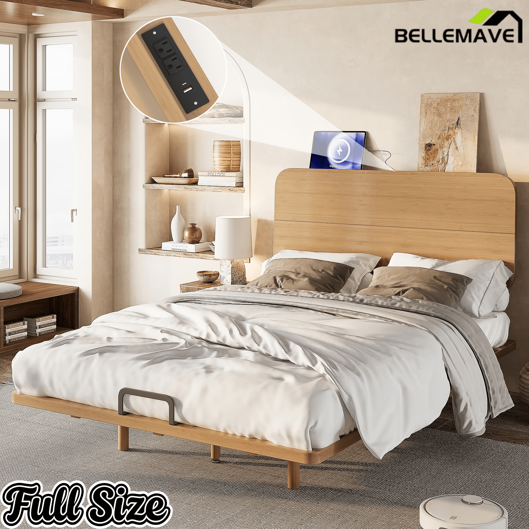 Bellemave® Platform Bed with Headboard & Charging Station, Bamboo Mid - Century Bed Frame - Bellemave