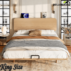 Bellemave® Platform Bed with Headboard & Charging Station, Bamboo Mid - Century Bed Frame - Bellemave