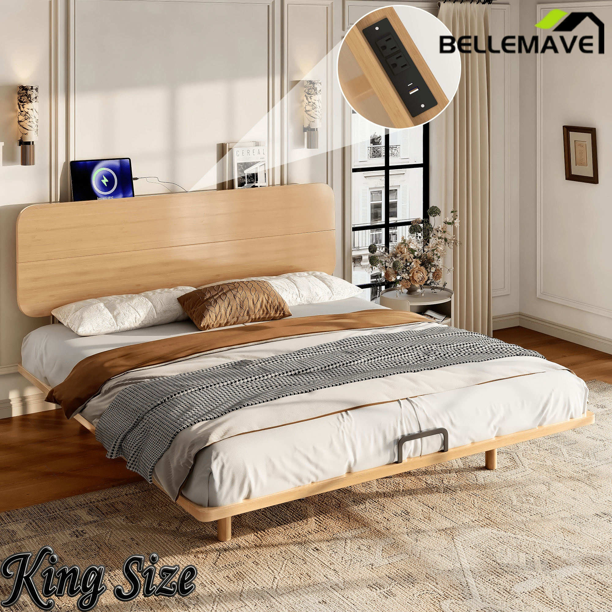 Bellemave® Platform Bed with Headboard & Charging Station, Bamboo Mid - Century Bed Frame - Bellemave