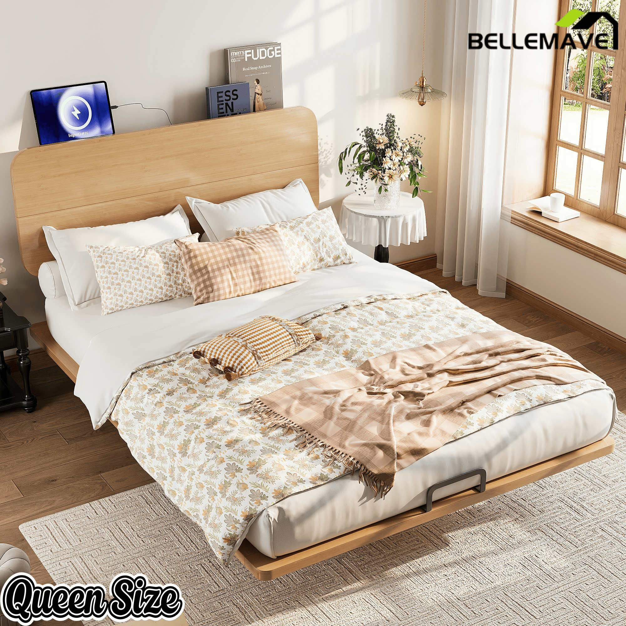 Bellemave® Platform Bed with Headboard & Charging Station, Bamboo Mid - Century Bed Frame - Bellemave