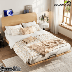 Bellemave® Platform Bed with Headboard & Charging Station, Bamboo Mid - Century Bed Frame - Bellemave
