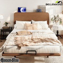 Bellemave® Platform Bed with Headboard & Charging Station, Bamboo Mid - Century Bed Frame - Bellemave
