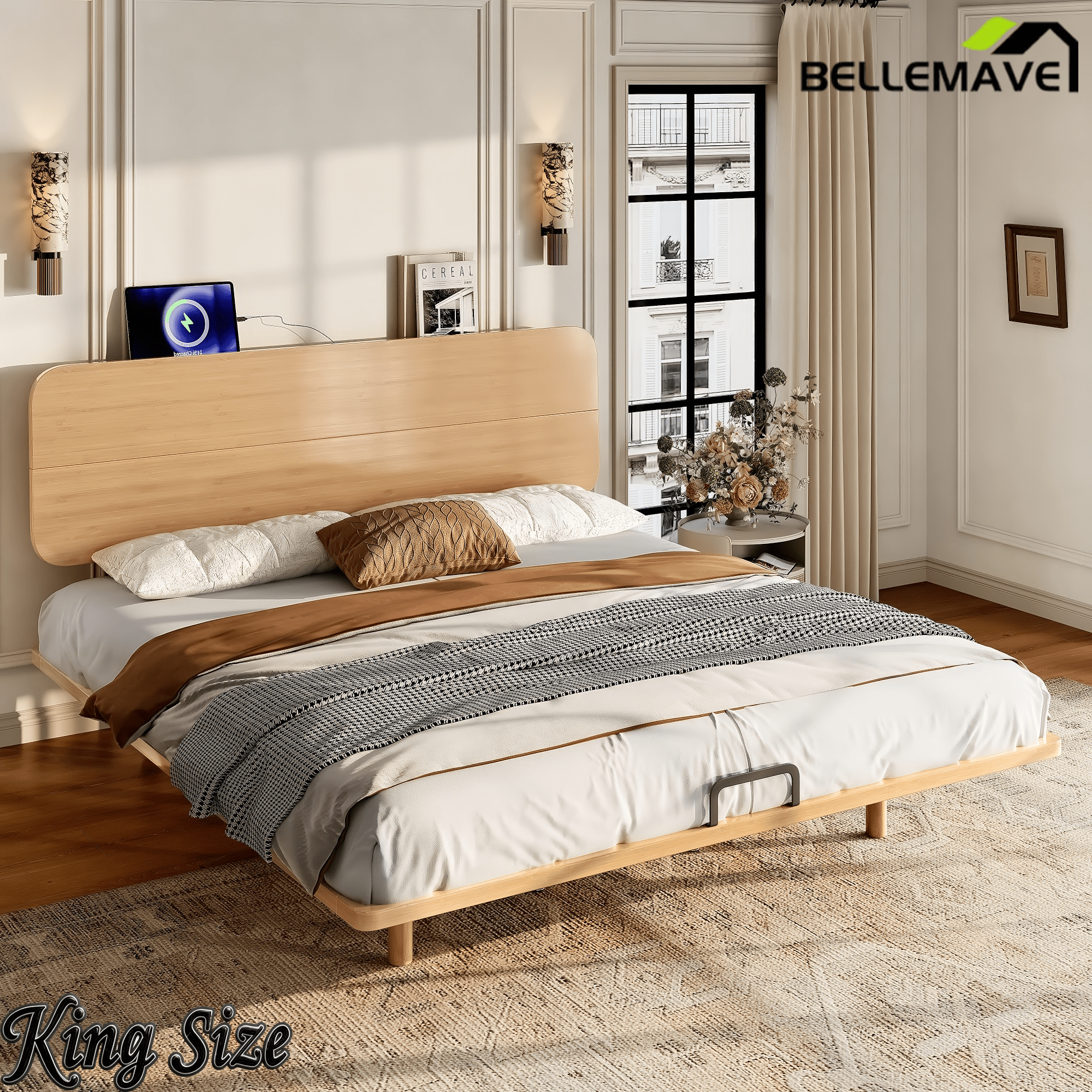 Bellemave® Platform Bed with Headboard & Charging Station, Bamboo Mid - Century Bed Frame - Bellemave
