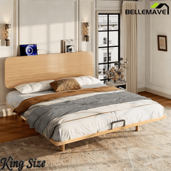 Bellemave® Platform Bed with Headboard & Charging Station, Bamboo Mid - Century Bed Frame - Bellemave