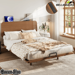 Bellemave® Platform Bed with Headboard & Charging Station, Bamboo Mid - Century Bed Frame - Bellemave