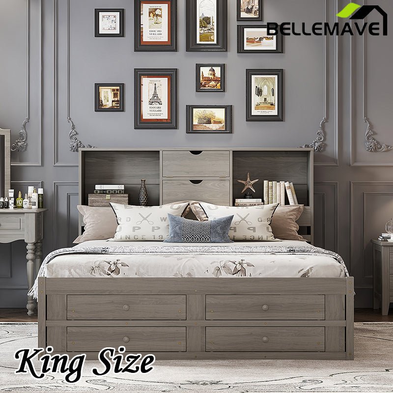 Bellemave® Platform Bed with Storage Headboard and 8 Drawers - Bellemave