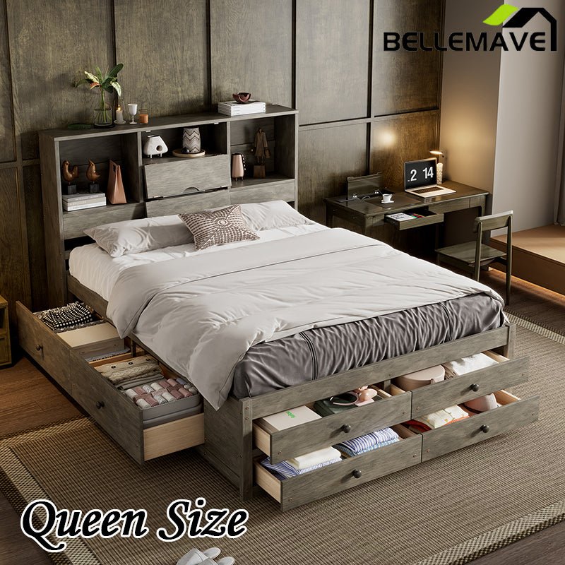 Bellemave® Platform Bed with Storage Headboard and 8 Drawers - Bellemave