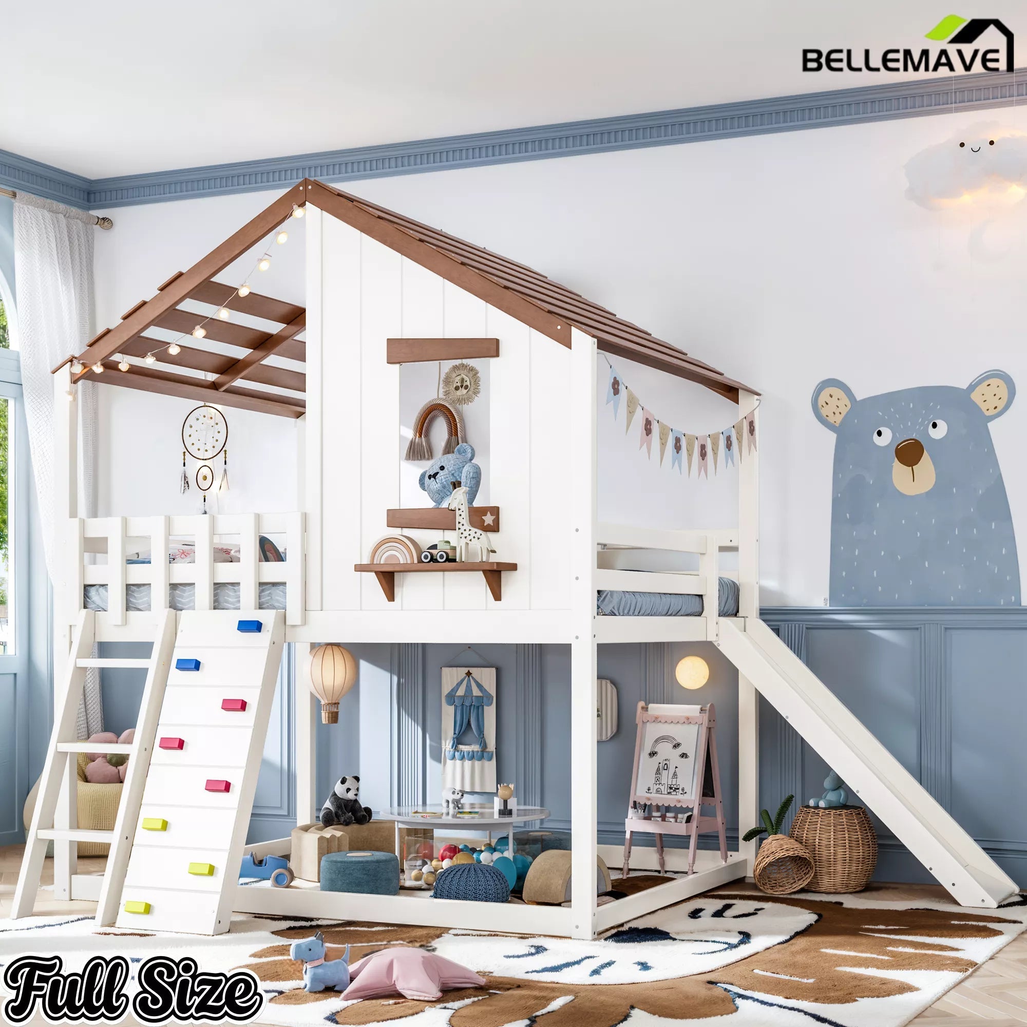 Full size kids loft bed with slide and ladder