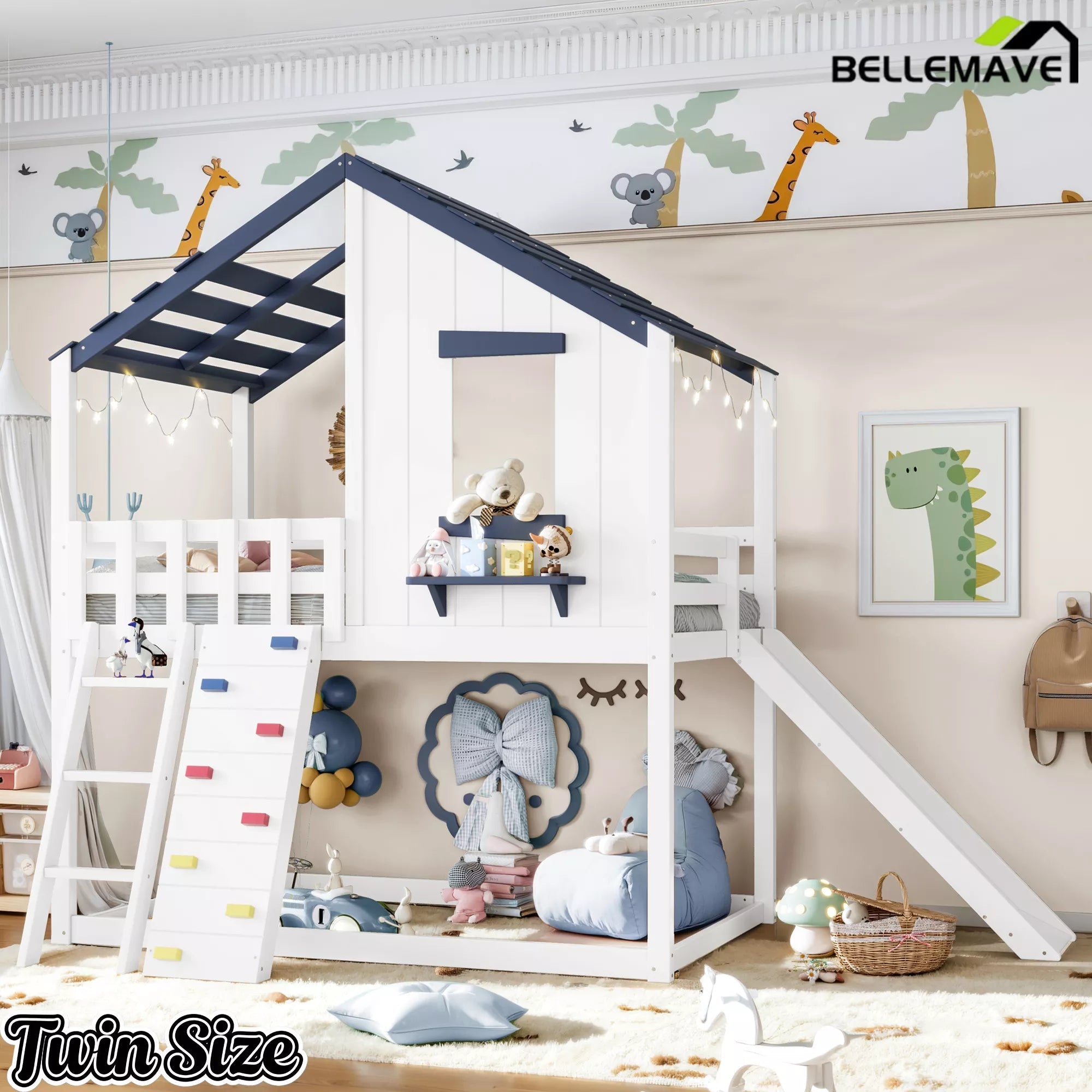 Twin kids loft bed with roof and window design